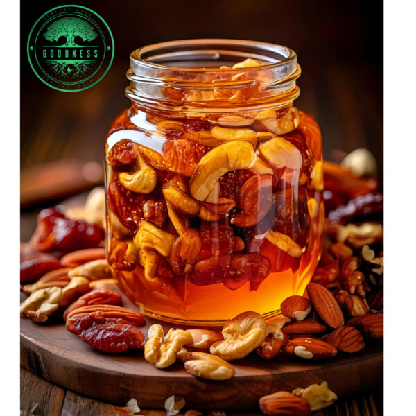 Goodness India Dry Fruits Infused Honey – A rich, nutrient-packed blend of premium dry fruits and pure honey.